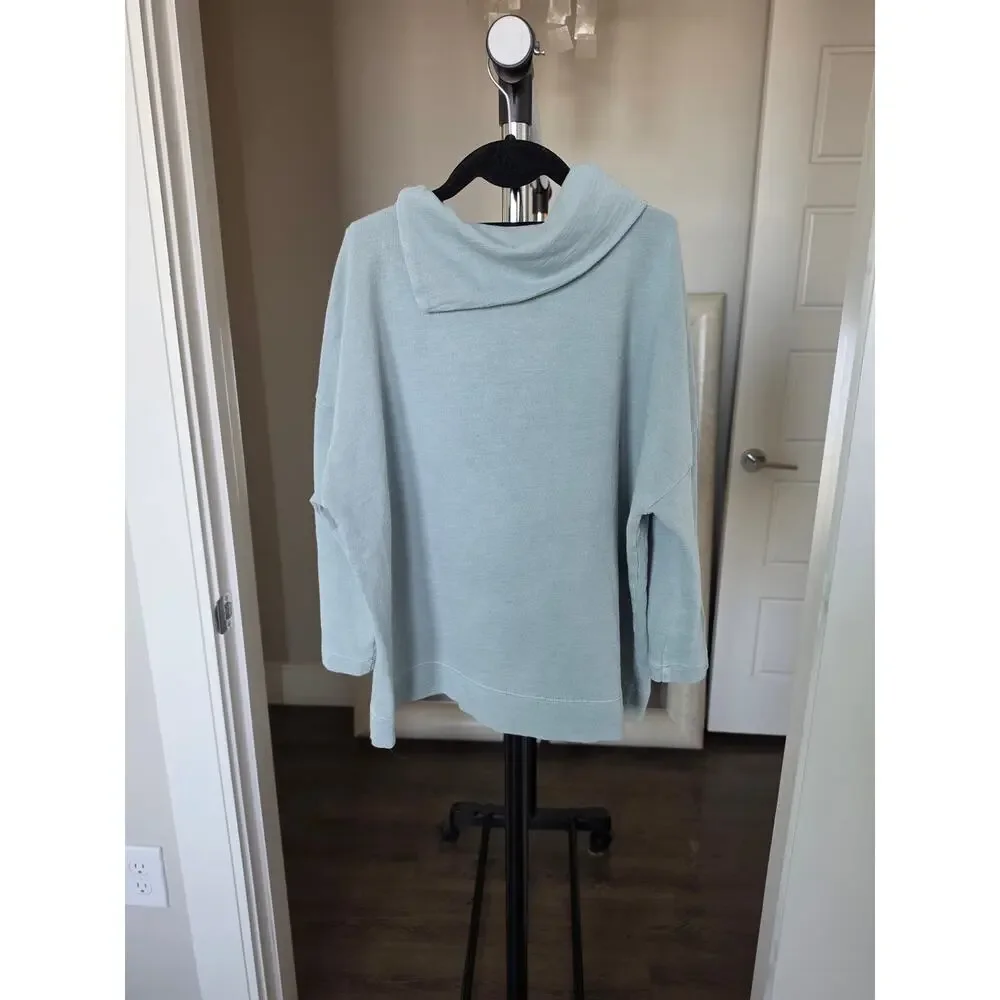 Pure Jill Split Neck Terry Lined Boxy Knit Top Light Blue Size M